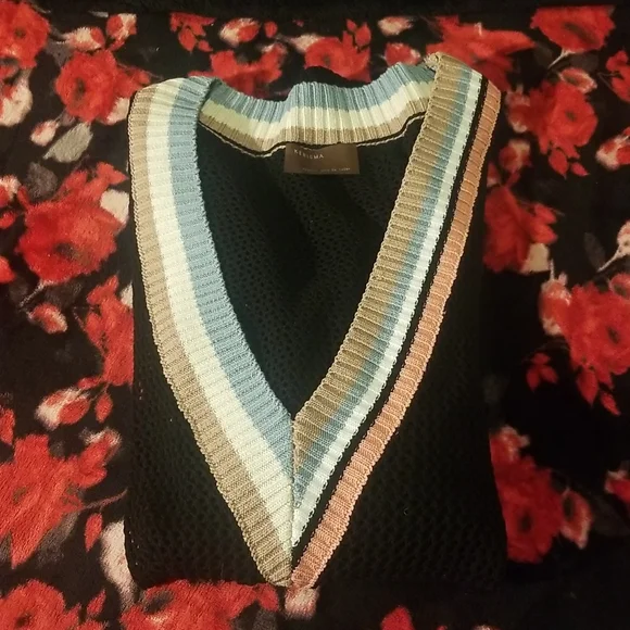 Nordstrom's KERISMA Rica Black Mesh Sheer Top. Earth Tones accent V-Neck - Picture 5 of 15